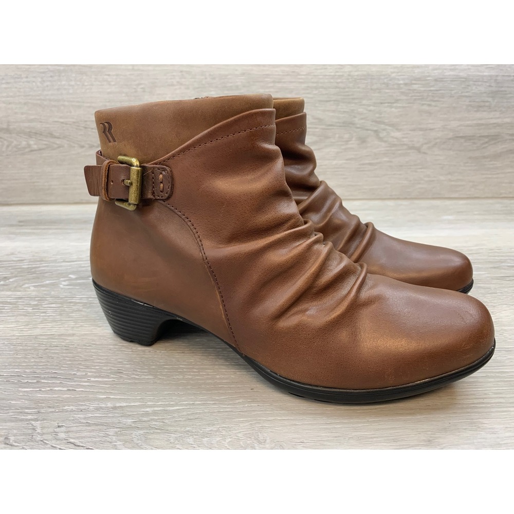 Romika Women's Ankle Boots Brown Leather Ruched Buckle Zip Low Heel 8.5 Shoes